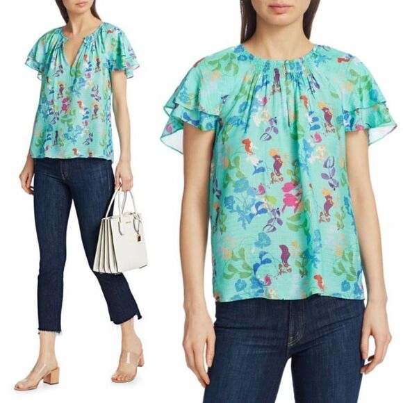 TANYA TAYLOR Eve Printed Ruffle Blouse $298 S - Picture 1 of 9